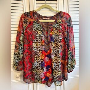 Boho Floral Patchwork V-Neck Peasant Top - Red Multi